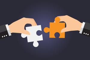 Business people solving oversized jigsaw puzzle together vector