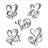 Conjunto de caligrafía gris palabra &quot;amor&quot; y corazones. vector