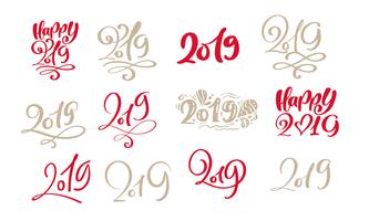 Set of vector scandinavian Calligraphic Lettering Christmas text 2019 design card template. Creative typography for Holiday Greeting Gift Poster. Calligraphy Font style Banner