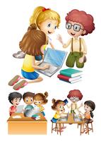 Kids working and studying together vector