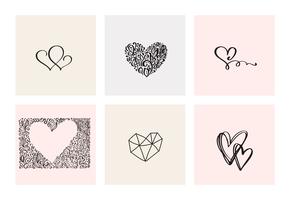 Set of six vintage Vector Valentines Day Hand Drawn Calligraphic Heart. Calligraphy lettering illustration. Holiday Design valentine. Icon love decor for web, wedding and print. Isolated