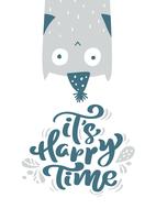 It s happy time calligraphy lettering text. Christmas scandinavian greeting card with Hand drawn vector illustration of a cute funny owl in winter hat. Isolated objects