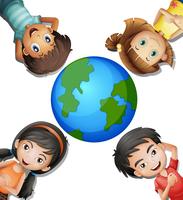 Four happy kids and round earth vector