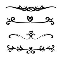 Vector vintage line elegant dividers and separators, swirls and corners decorative heart ornaments. Floral lines filigree design elements. Flourish curl elements for invitation or menu page illustration