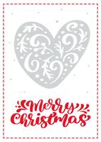 Tarjeta de felicitación escandinavo de la Navidad con el corazón del vector. Feliz Navidad texto de letras de caligrafía. Dibujado a mano ilustración objetos aislados vector