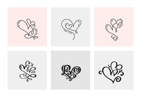 Set of six vintage Vector Valentines Day Hand Drawn Calligraphic Hearts. Calligraphy lettering illustration. Holiday Design valentine. Icon love decor for web, wedding and print. Isolated