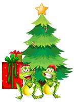 Christmas theme with two frogs and christmas tree vector