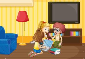 Three kids working in group at home vector