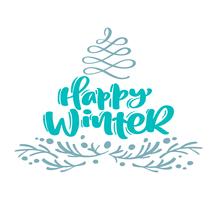 Happy Winter christmas calligraphy lettering text. Xmas scandinavian greeting card with hand drawn vector illustration flourish stylized fir tree and branches. Isolated objects