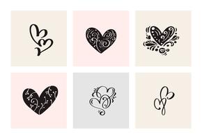 Set of six vintage Vector Valentines Day Hand Drawn Calligraphic Heart. Calligraphy lettering illustration. Holiday Design valentine. Icon love decor for web, wedding and print. Isolated
