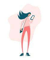 Young girl looking at mobile phone and checking social networks. Virtual communication. Vector flat lay illustration