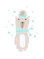 Christmas scandinavian style design. Hand drawn vector illustration of a cute funny bear in a muffler, going for a walk. Isolated objects on white background. Concept for kids apparel, nursery print