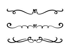 Vector vintage line elegant valentine dividers and separators, swirls and corners decorative ornaments. Floral lines filigree design heart elements. Flourish curl elements for invitation or menu page illustration