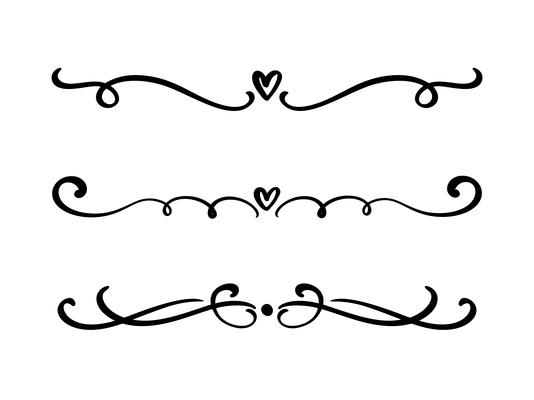 Vector vintage line elegant valentine dividers and separators, swirls and corners decorative ornaments. Floral lines filigree design heart elements. Flourish curl elements for invitation or menu page illustration