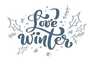 Ame el texto azul del vector de las letras de la caligrafía del vintage de la Navidad del invierno con el invierno que dibuja la decoración escandinava. Para el diseño de arte, el estilo del folleto de la maqueta, la portada de la pancarta, el folleto de 