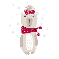 Hand drawn vector illustration of a cute funny bear in a muffler. Christmas scandinavian style design. Isolated objects on white background. Concept for kids apparel, nursery print