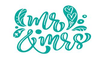 Señor y señora turquesa caligrafía letras vintage vector texto con elementos escandinavos. Para el día de San Valentín o vacaciones de boda. Aislado sobre fondo blanco