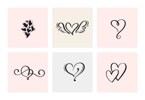 Set of six vintage Vector Valentines Day Hand Drawn Calligraphic Heart. Calligraphy lettering illustration. Holiday Design valentine. Icon love decor for web, wedding and print. Isolated