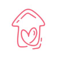 Red Monoline cute house with heart. Vector Valentines Day Hand Drawn icon. Holiday sketch doodle Design element valentine. love decor for web, wedding and print. Isolated illustration