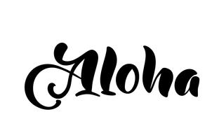 Letras de Aloha. Vector ilustración de la caligrafía. Gráficos de camisetas exóticas tropicales hechas a mano de Hawai. Diseño de impresión de ropa de verano