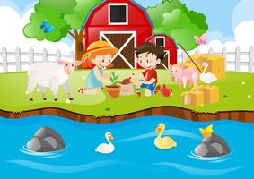 Two kids planting tree by the river vector