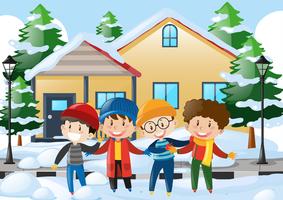 Four boys standing on the road covered with snow vector