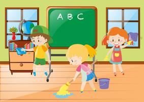 Children help cleaning classroom