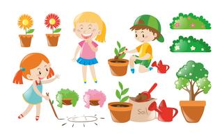 Niño y niña haciendo trabajos de jardinería vector