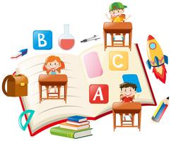 Tema educativo con niños y libros. vector
