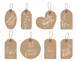 collection set of kraft paper healthy vegan, organic food tags label. Calligraphy lettering hand made text. Vector illustration EPS10