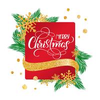 Las letras caligráficas de la Feliz Navidad adornaron el texto en fondo rojo del marco con los copos de nieve del oro. Sensación de vacaciones vector
