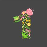 Floral summer Number 1 one. Flower Capital wedding Uppercase Alphabet. Colorful font with flowers and leaves. Vector illustration scandinavian style