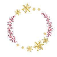 red wreath with tree branches and gold snowflakes. Vector illustration