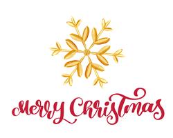 Merry Christmas red Calligraphy Lettering text and gold snowflake. Vector illustration