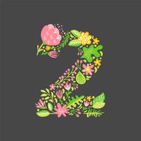 Floral summer Number 2 two. Flower Capital wedding Alphabet. Colorful font with flowers and leaves. Vector illustration scandinavian style