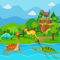 Many dinosaurs in the lake vector