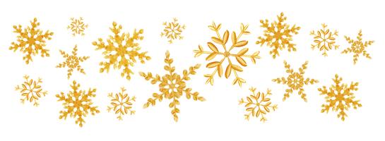 Christmas gold snowflakes splash of a random scatter snowflakes isolated on white. Snow explosion. Ice storm vector