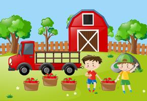 Escena de la granja con dos niños con manzanas en la cesta vector