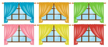 Ventanas con cortinas de diferentes colores. vector