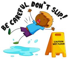 Señal de precaución para piso mojado con niño cayendo