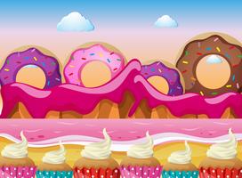 Tierra de dulces con donuts y oceano rosa. vector