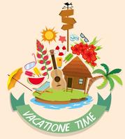 Tema de vacaciones con cabañas y objetos de playa. vector
