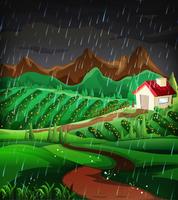 Escena de la naturaleza con lluvia en la ladera. vector