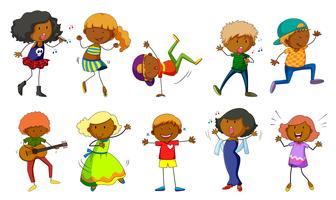 Conjunto de niños cantando y bailando. vector