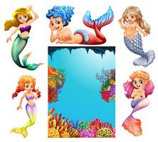 Underwater scene with lots of mermaids vector