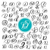 Set of Hand drawn vector calligraphy letter D. Script font. Isolated letters written with ink. Handwritten brush style. Hand lettering for logos packaging design poster. Typographic set on white background