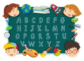 Alphabet font design with kids and stationeries vector