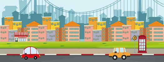 Scene with buildings and cars on road vector