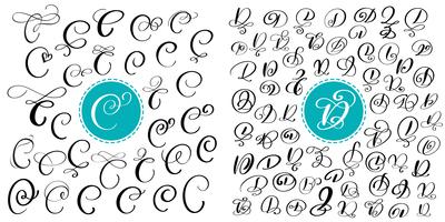 Set of Hand drawn vector calligraphy letters C and D. Script font. Isolated letters written with ink. Handwritten brush style. Hand lettering for logos packaging design poster