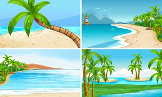 Escenas marinas con cocoteros e isla. vector